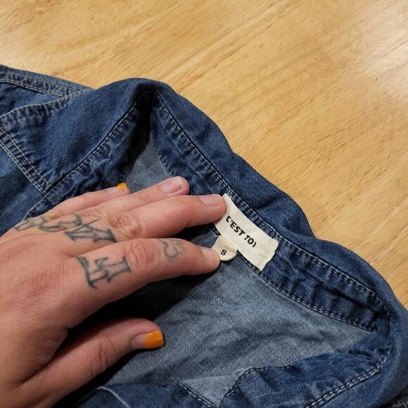 y2k Denim Cest Toi Denim Button Front Cap Sleeve Collared Top Zip Pocket - Picture 6 of 9